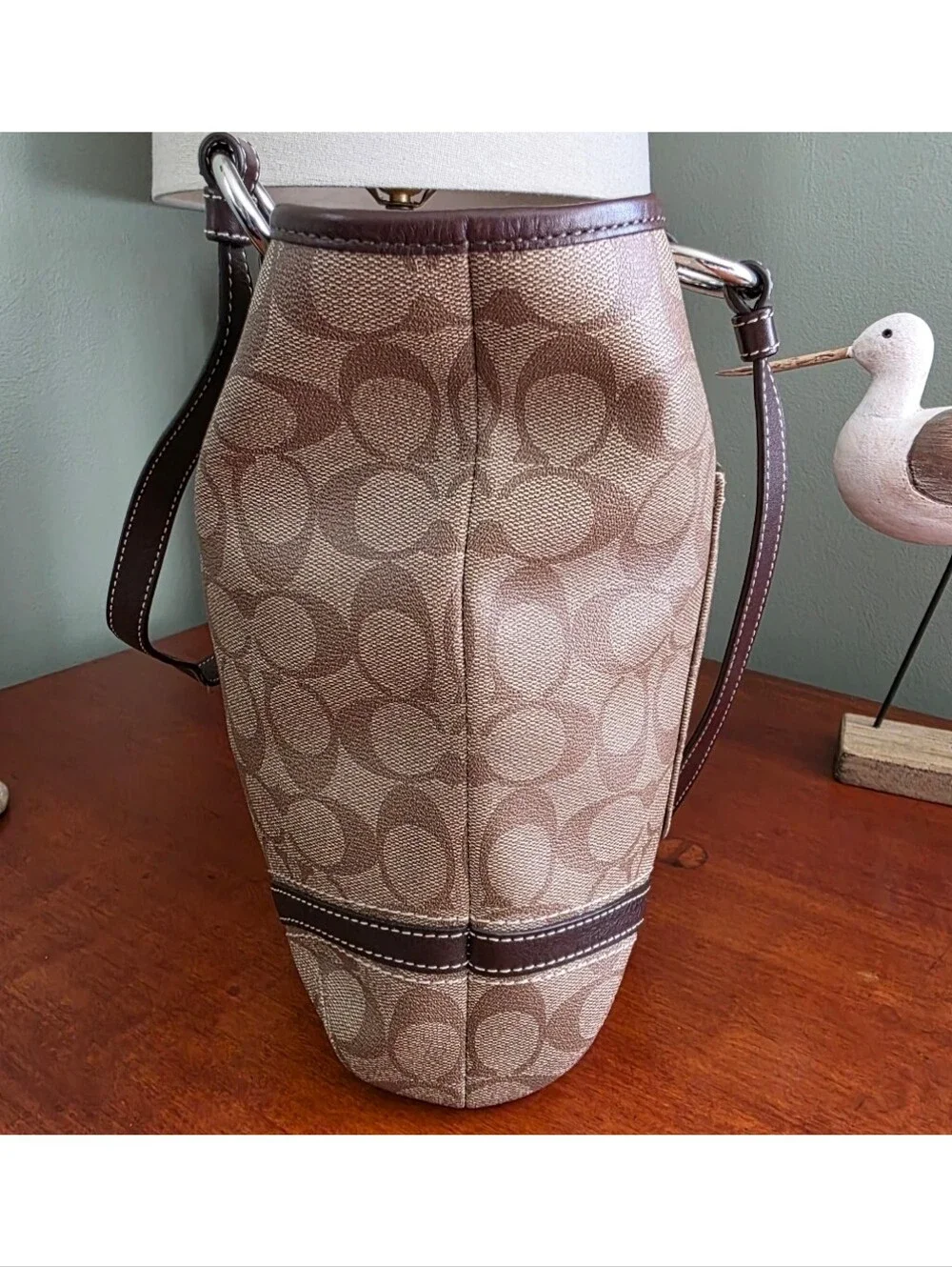Coach F18393 Peyton Signature Tote Khaki Mahogany Coated Canvas Leather Bag Y2K